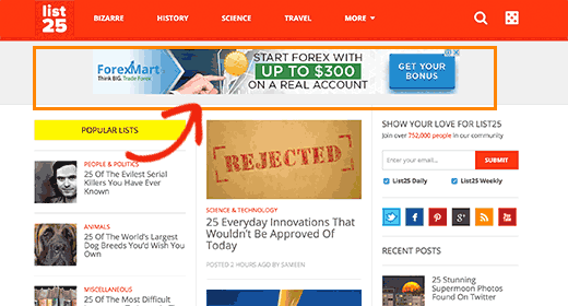 The header section on the popular List25 website