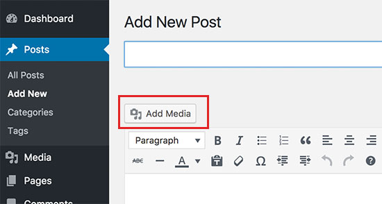 Click on add media button to upload your photos in WordPress