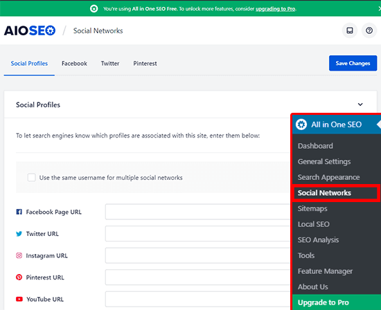 AIOSEO social network settings AIOSEO social network settings