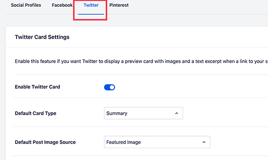 Turn on Twitter Card settings in AIOSEO Turn on Twitter Card settings in AIOSEO