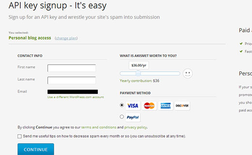 Akismet signup and payment page