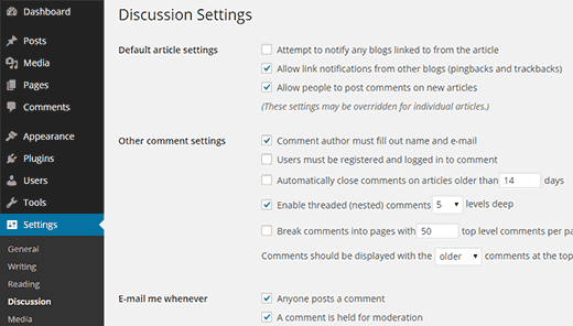 Discussion settings screen