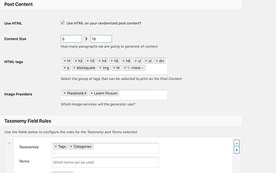 Content settings for fake data generator