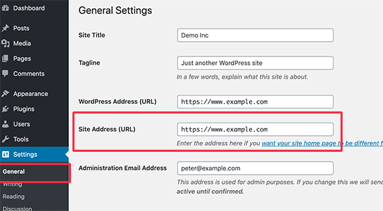 Copy your site address from WordPress settings page