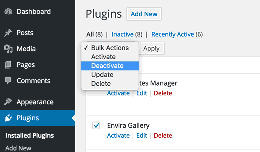 Deactivate all plugins in WordPress