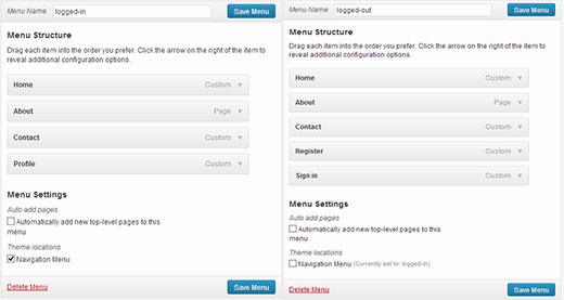 Create two different menus for logged in and logged out users
