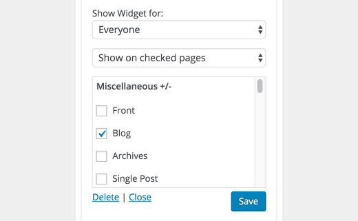 Show/Hide widgets on different pages and sections