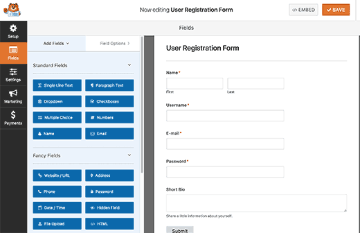 Editing user registration form