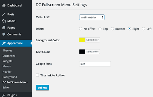 Fullscreen menu settings