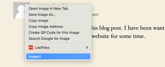 Right Click on the Gravatar Image to Select Inspect