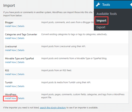 Installing the WordPress import tool on your site
