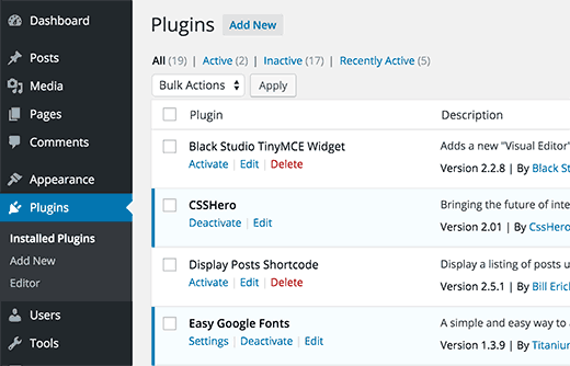 Installed plugins on a WordPress site
