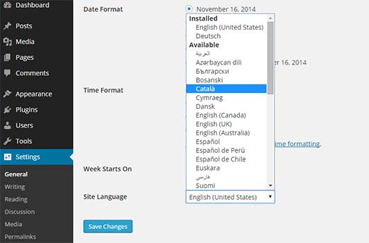 Choosing a language for WordPress admin area from Settings screen