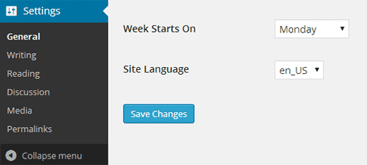 Chosing language in WordPress settings