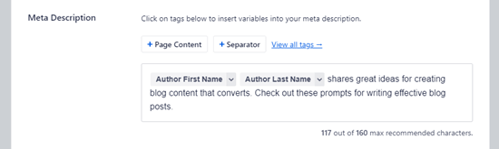A meta description with the tags Author First Name and Author Last Name at the start