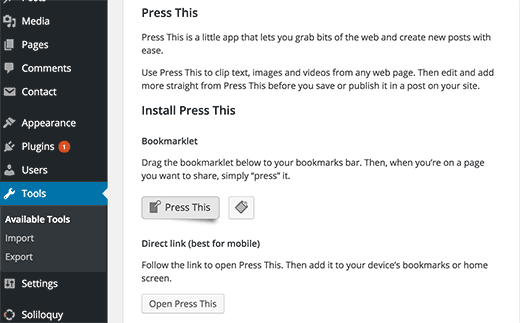Installing Press This tool for WordPress