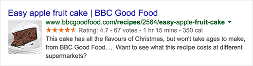 A recipe in search results with rich snippets data