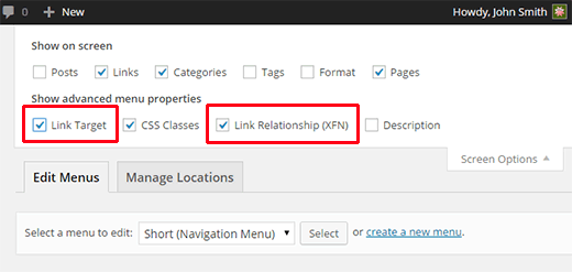 Check target and link relationship boxes in Screen Options