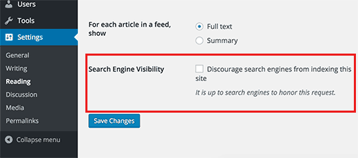 Search engine visibility option in WordPress Settings