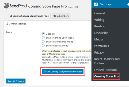 Editing the coming soon/maintenance page in SeedProd