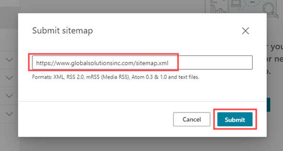 Entering your sitemap URL for Bing