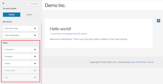 Theme customizer meta data example