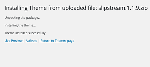 Theme installation successful