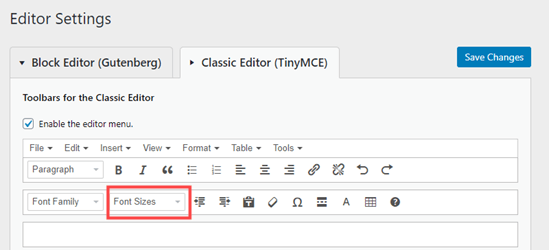 The font sizes drop-down button on the TinyMCE Advanced menu for the classic editor