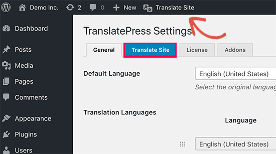 Translate site button
