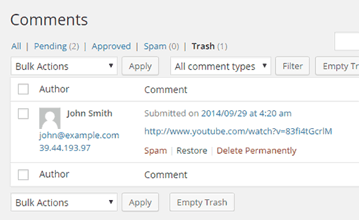 Restoring a comment from trash in WordPress
