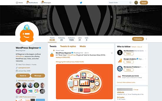 Twitter profile page showing cover photo, profile image, and share image Twitter profile page showing cover photo, profile image, and share image