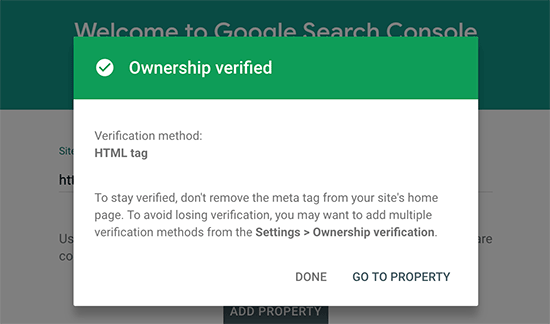 Your website successfully added to Search Console
