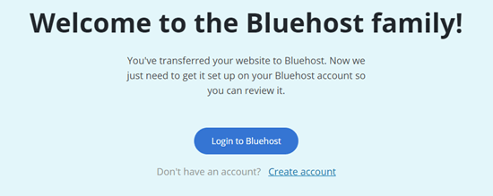 The welcome message after using the Bluehost Site Migrator