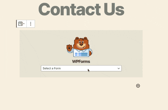 Select your contact form in WPForms block