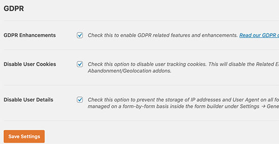 WPForms GDPR settings