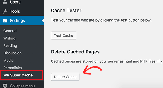 Delete cache in WP Super Cache