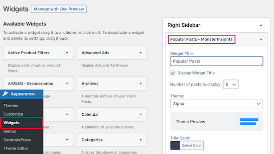 MonsterInsights popular posts widget to sidebar