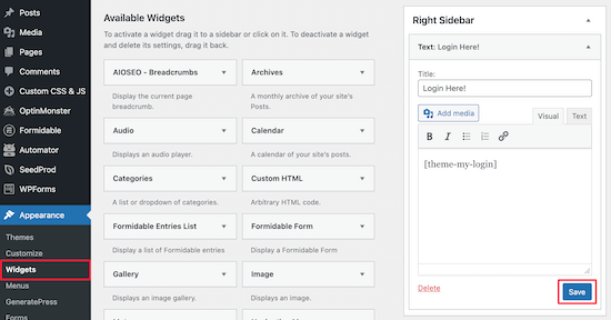 Add Theme My Login widget
