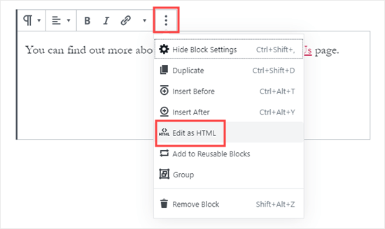 Switching to the HTML view of a block in the WordPress block editor