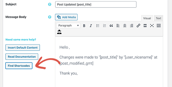 Find shortcodes to include in your email notification