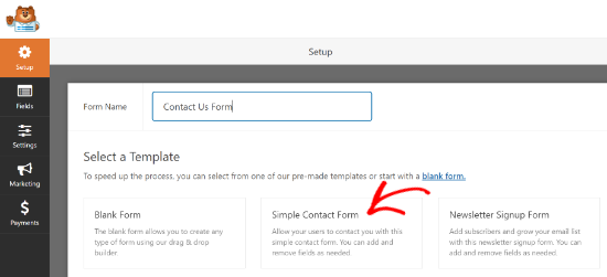 Give a name and select contact form template