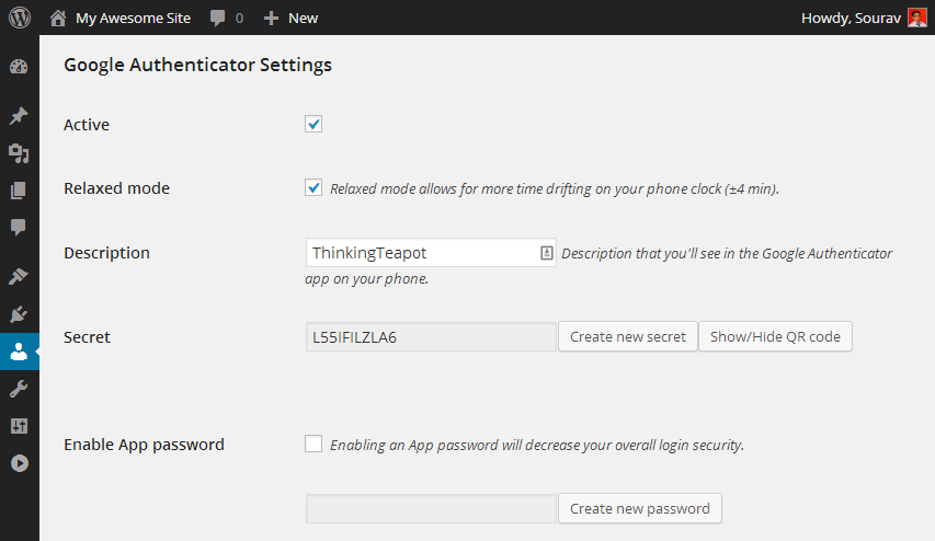 Google Authenticator WordPress Settings