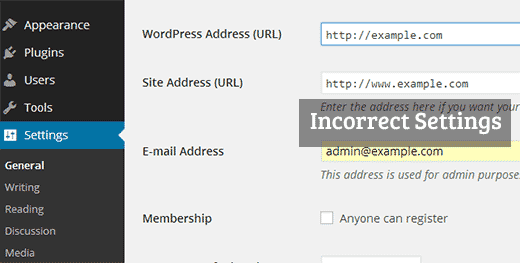 Incorrect WordPress URL Settings