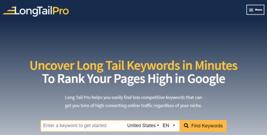 Long Tail Pro keywords front page