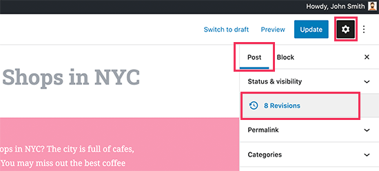 Open revisions for a post or page in WordPress