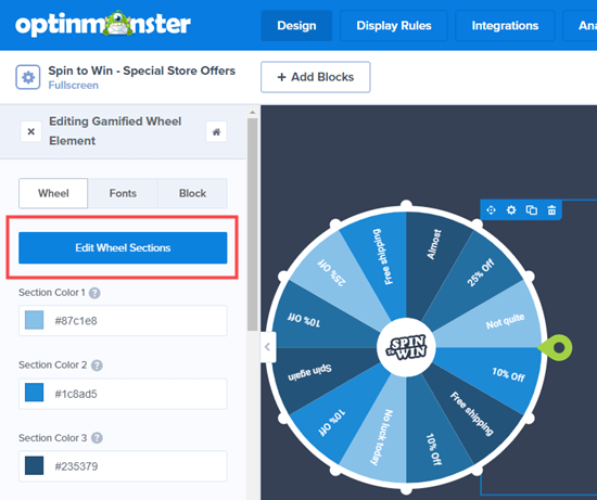 OptinMonster edit spin the wheel popup