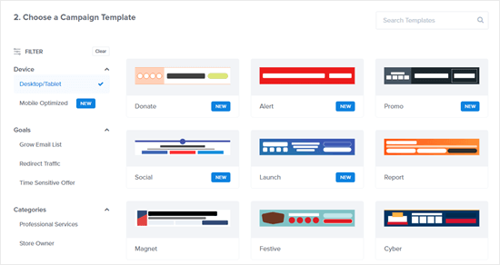 A selection of the floating bar template options in OptinMonster