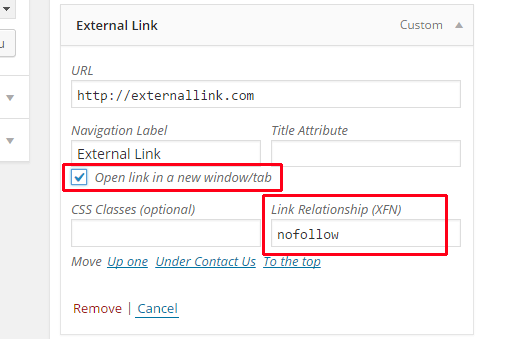 Adding nofollow to an outgoing link in navigation menus