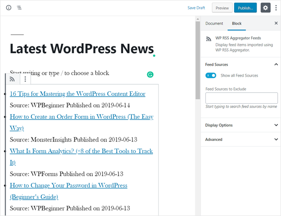 RSS News Feed Added in WordPress Page