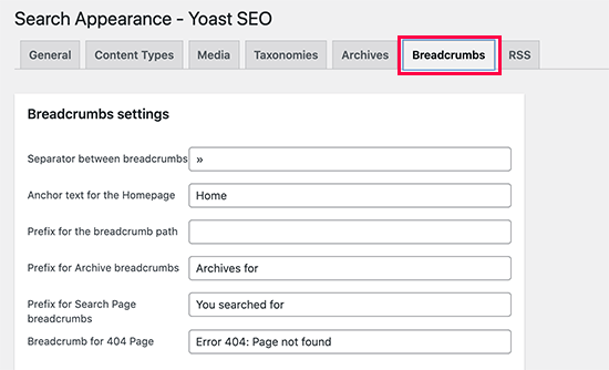 Breadcrumbs settings in Yoast SEO